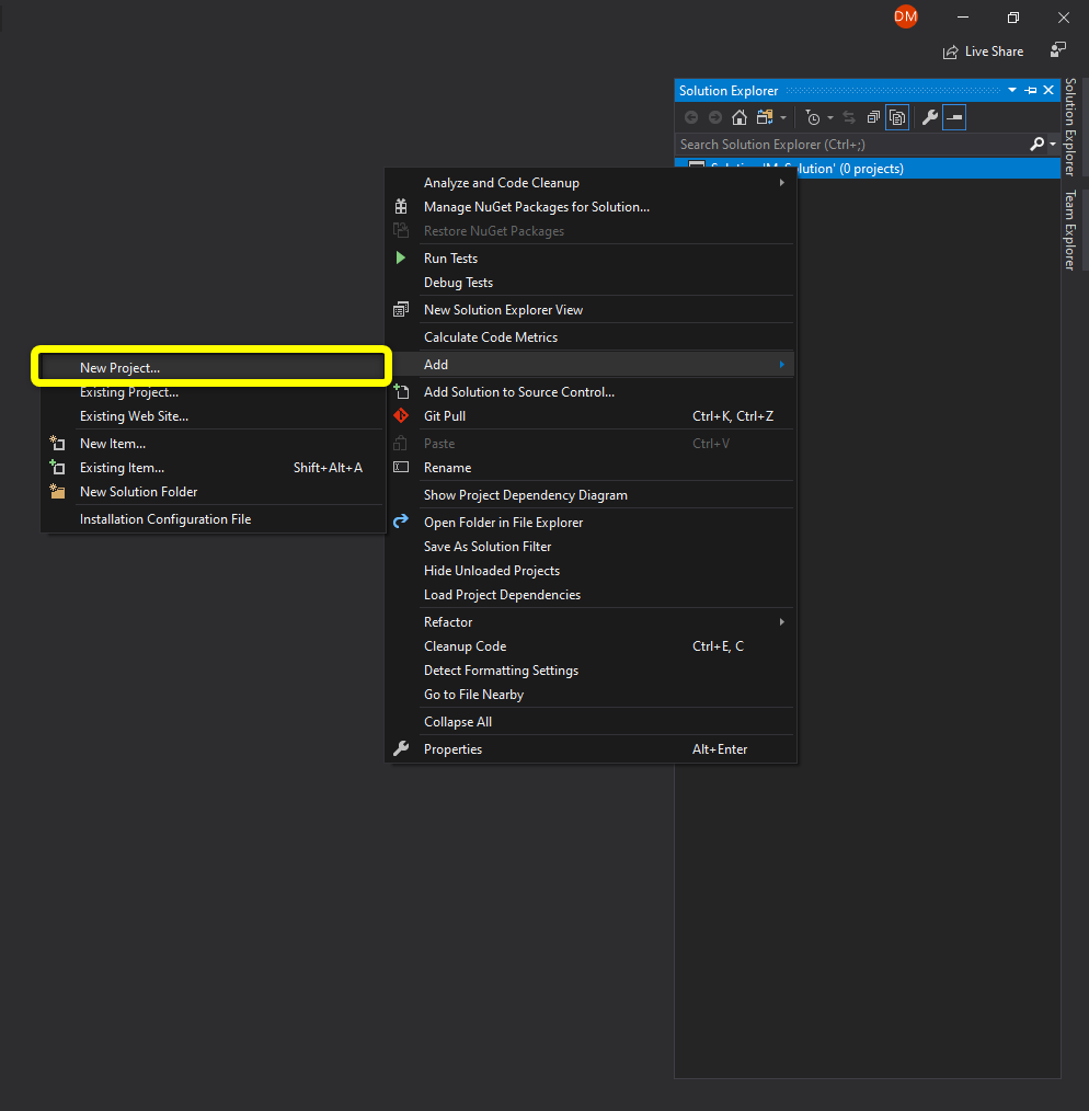 Solution Explorer context menu showing Add New Project option