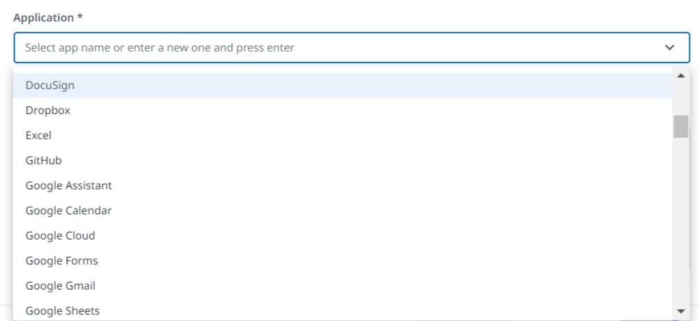 Application selection dropdown in the listing submission form