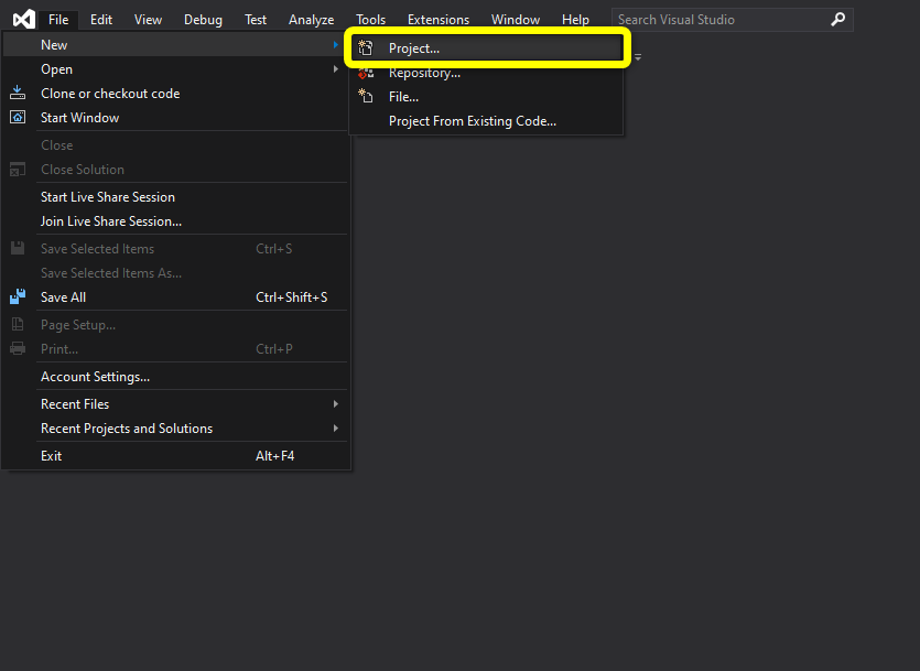 Visual Studio File menu showing New Project option
