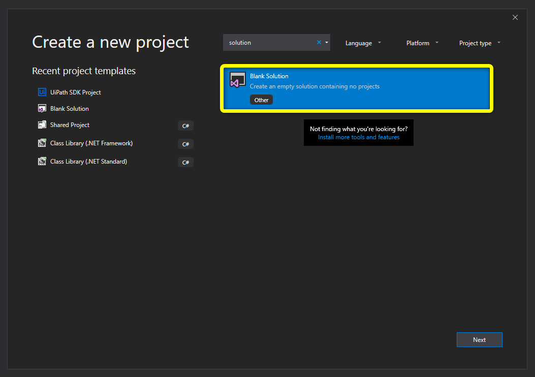 New Project wizard with Blank Solution selected