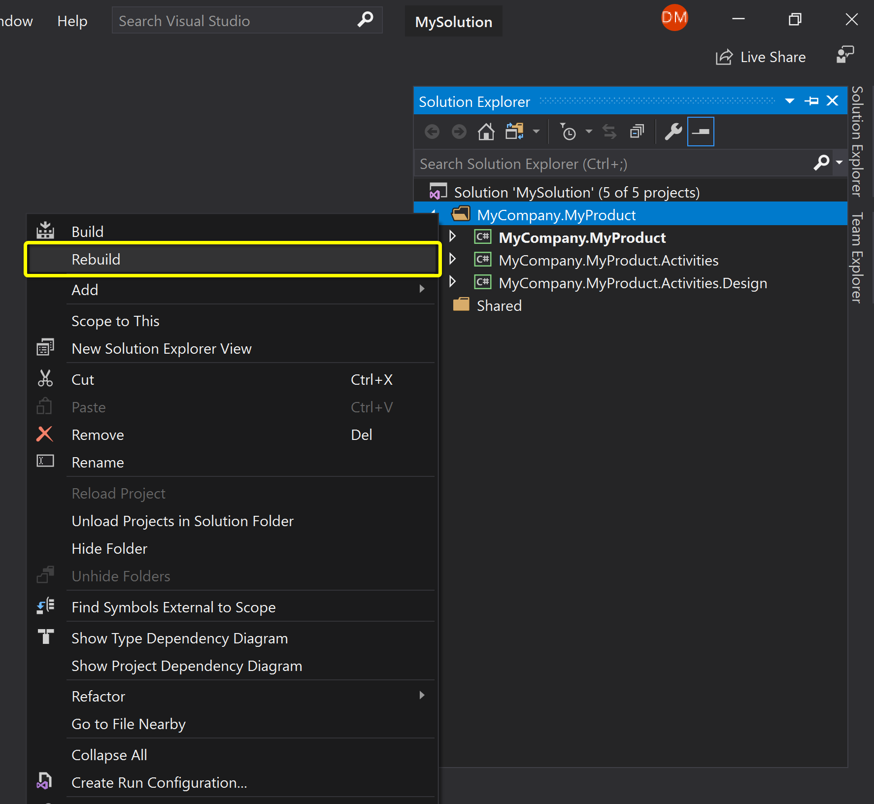Solution Explorer context menu with Rebuild Solution selected