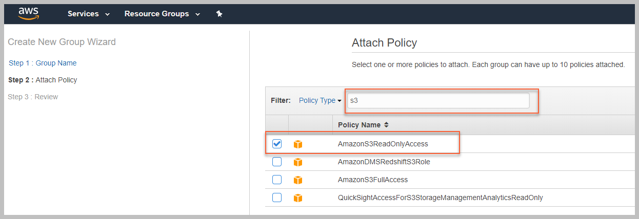 IAM group policy selection including AmazonTextractFullAccess