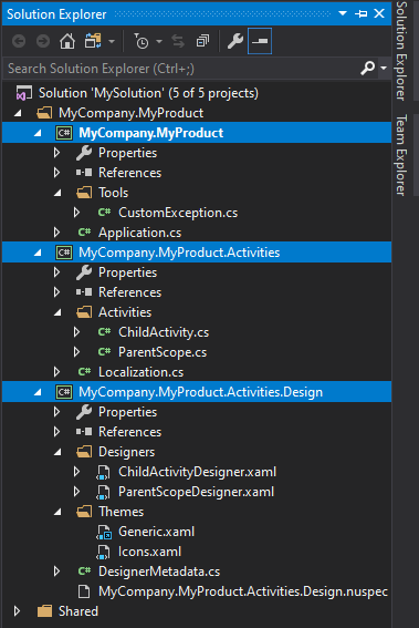 Solution Explorer showing three projects, a Shared folder, and generated files after adding the UiPath SDK Project