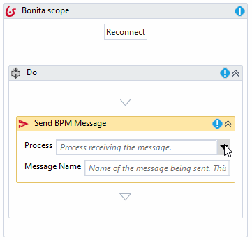 Bonita portal processes listed in the Send BPM Message activity within a connected Bonita Scope