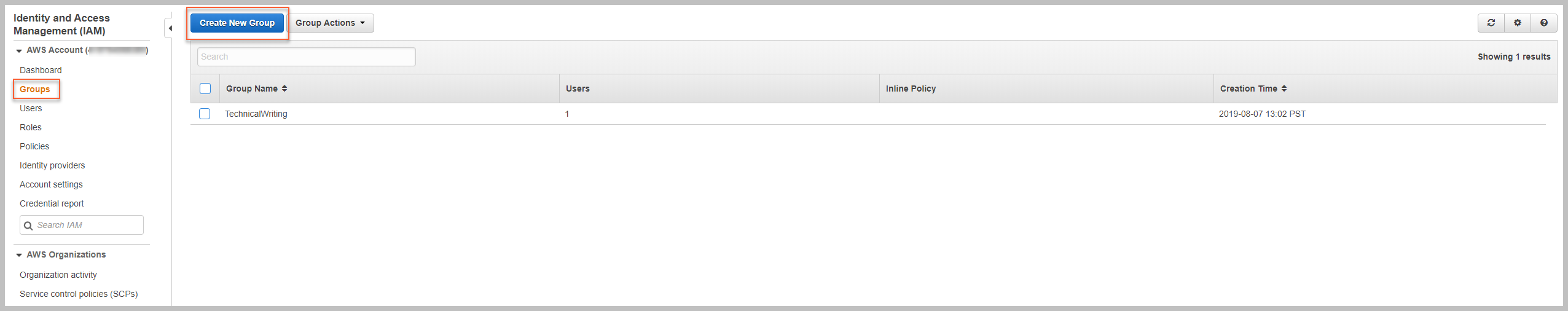 Create New Group button in AWS IAM console