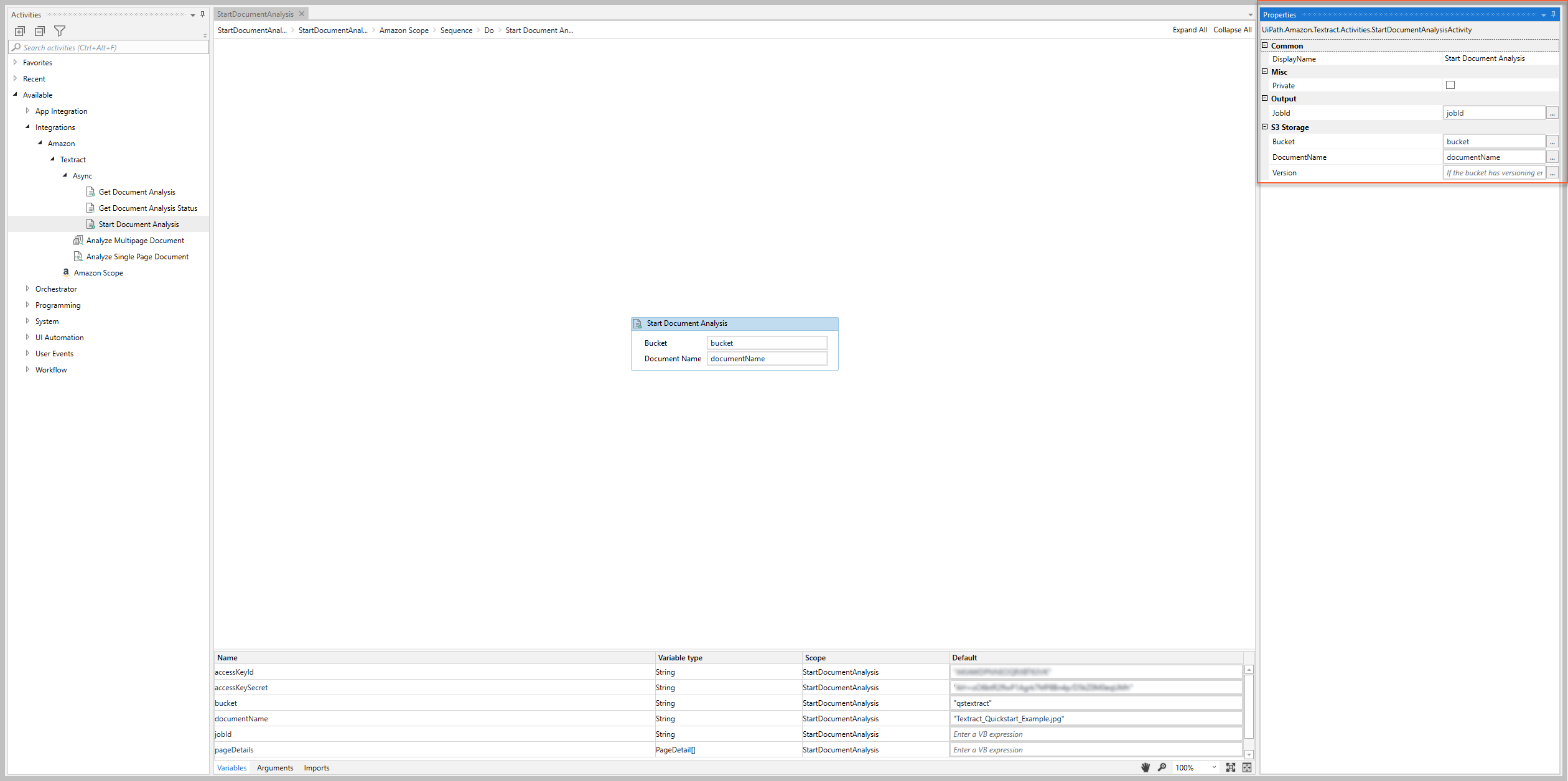 Start Document Analysis properties panel in UiPath Studio