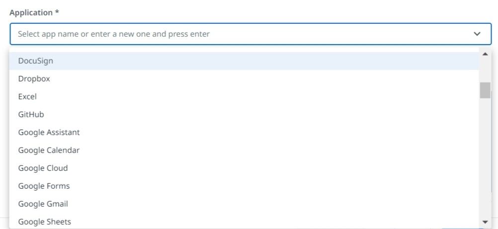 Application field showing selectable app names for the listing