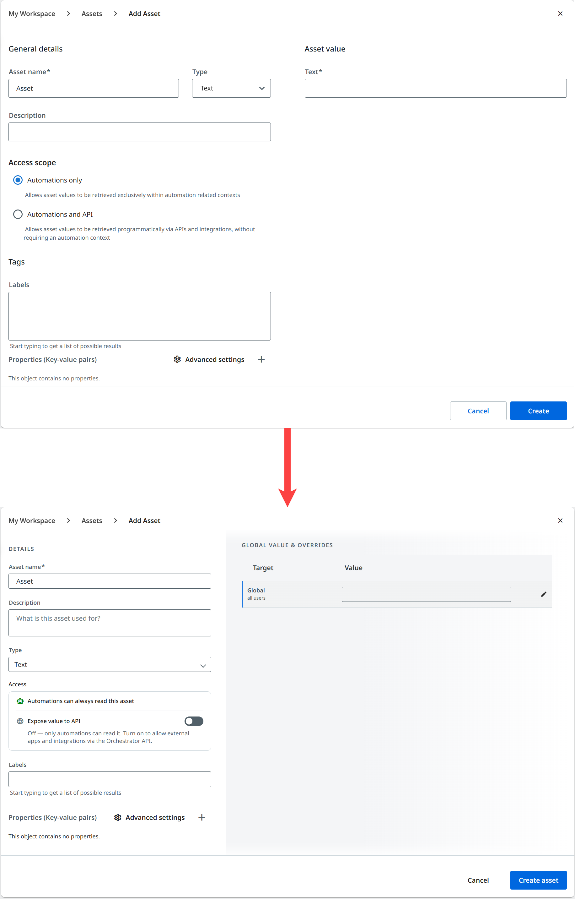 Screenshot comparing the previous Add Asset form with the redesigned one, which shows the asset details on the left and the Global value & overrides grid on the right.