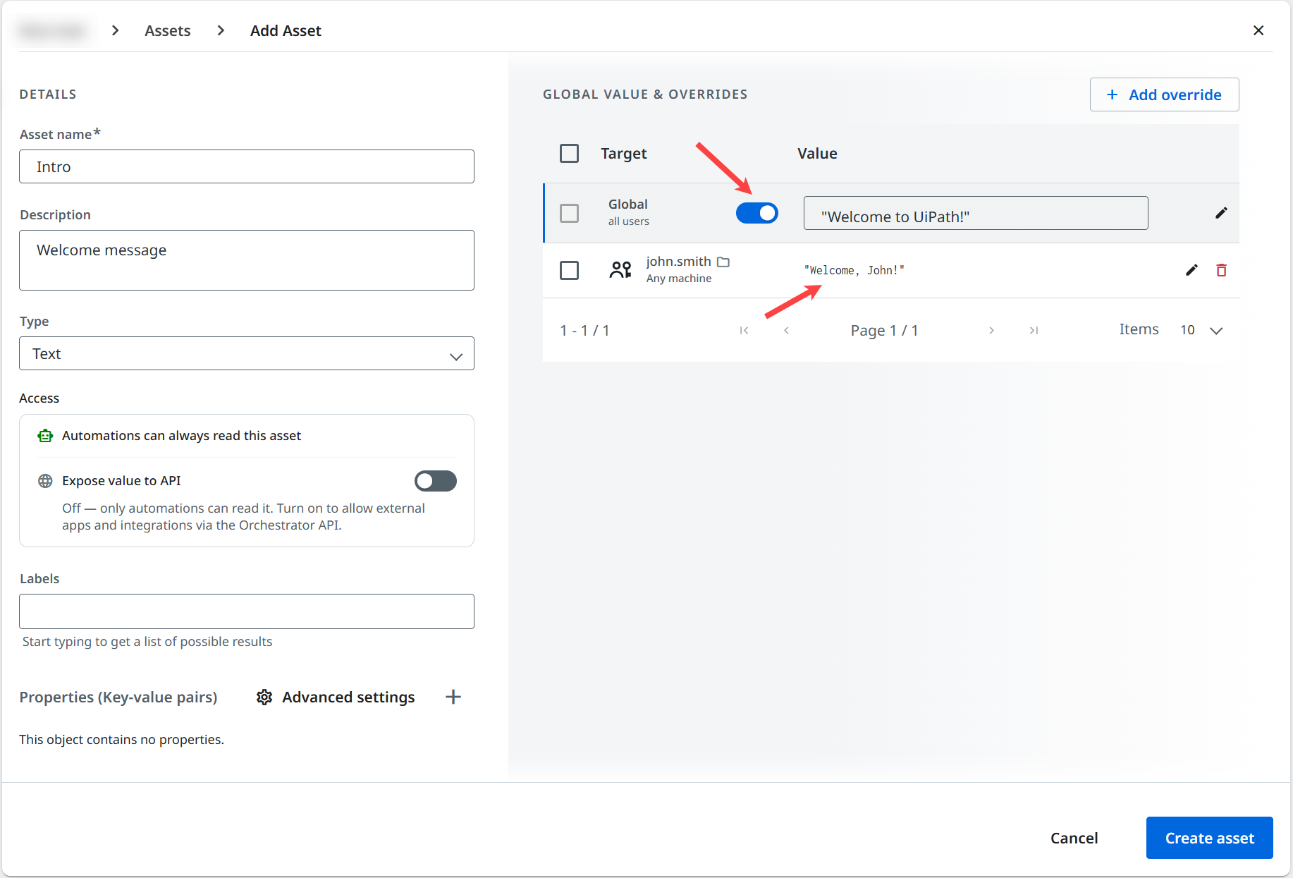Screenshot of the Global value & overrides section, where all users receive the global value and the user john.smith receives an override value.