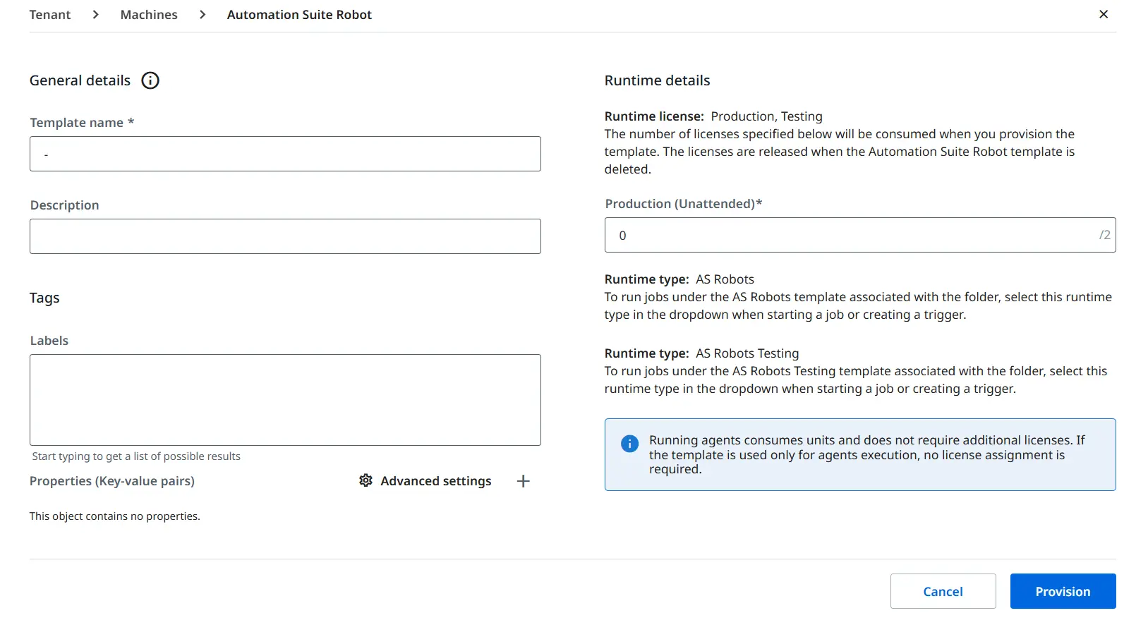 Screenshot of the Machine template page
