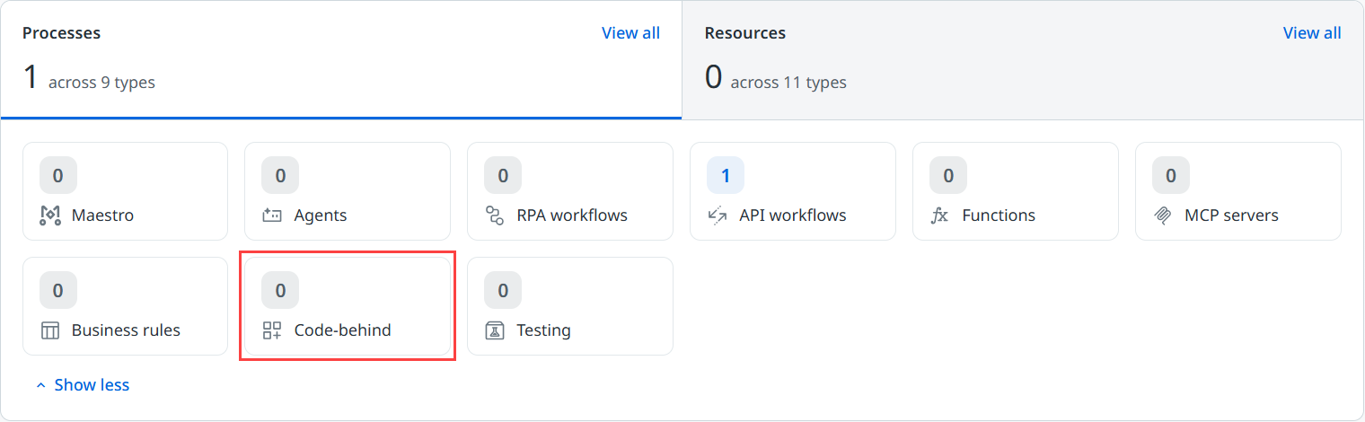 Screenshot of the Processes card on the folder homepage, with the Code-behind process type highlighted.
