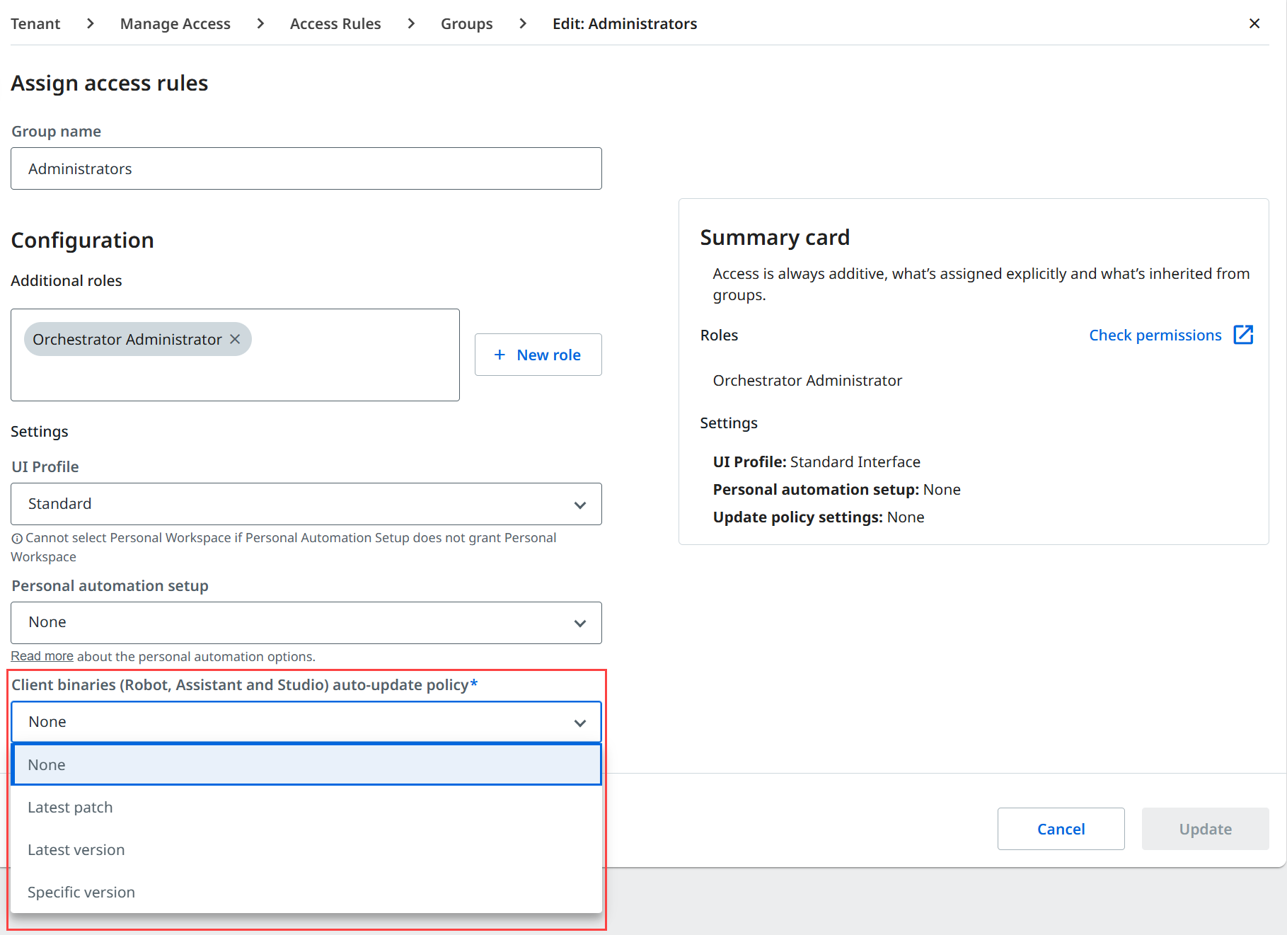 Configure auto-update for user groups interface