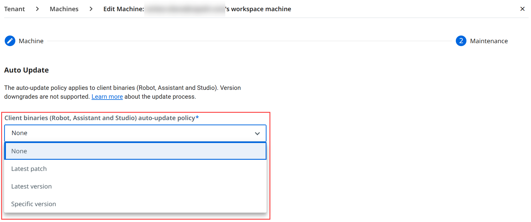 Configure auto-update for machines interface