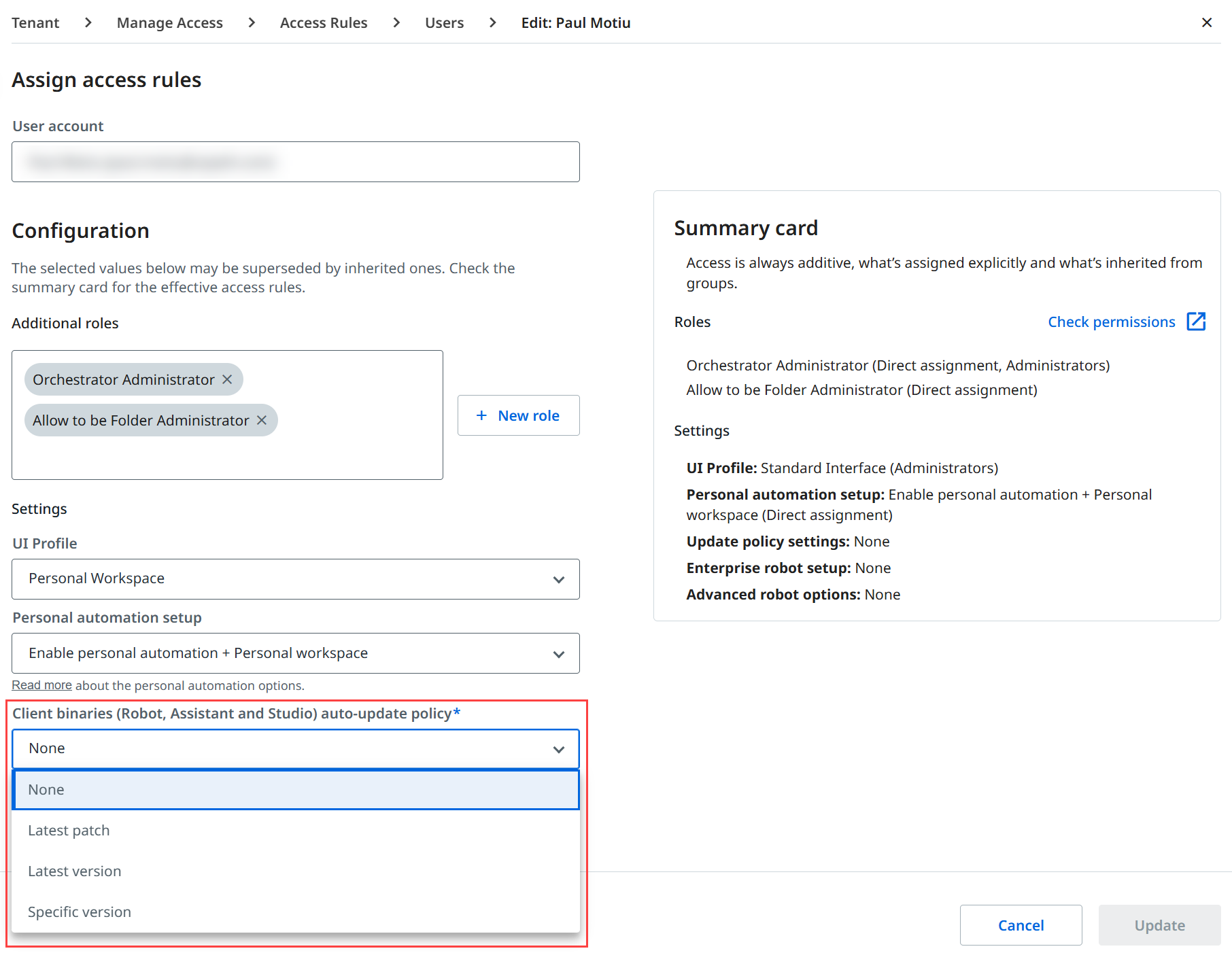 Configure auto-update for users interface