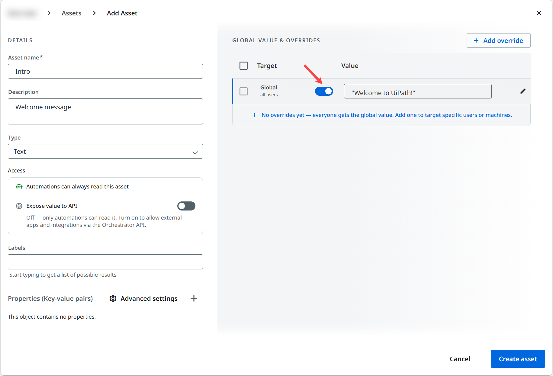 Screenshot of the Add Asset page, with the toggle in the Global row of the Global value & overrides section turned on.