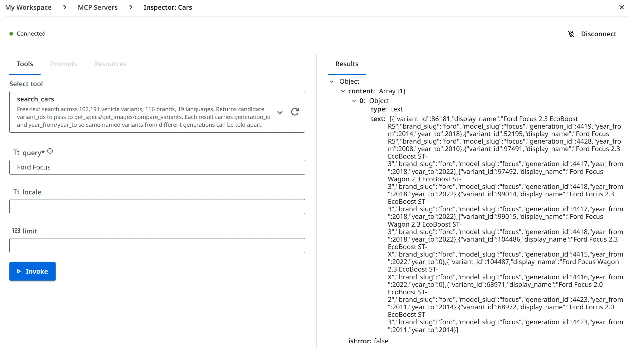 Tool call form with input parameters and the returned JSON result