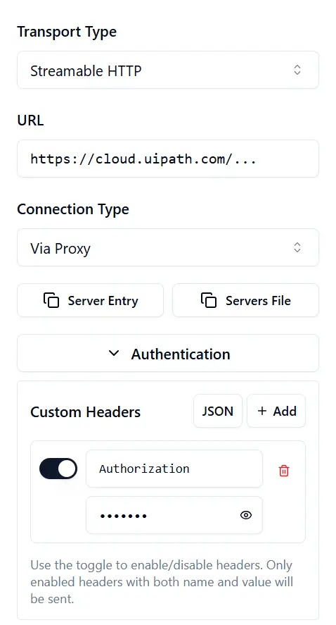 MCP Inspector connect screen with the server URL, transport type, and Authorization header filled in
