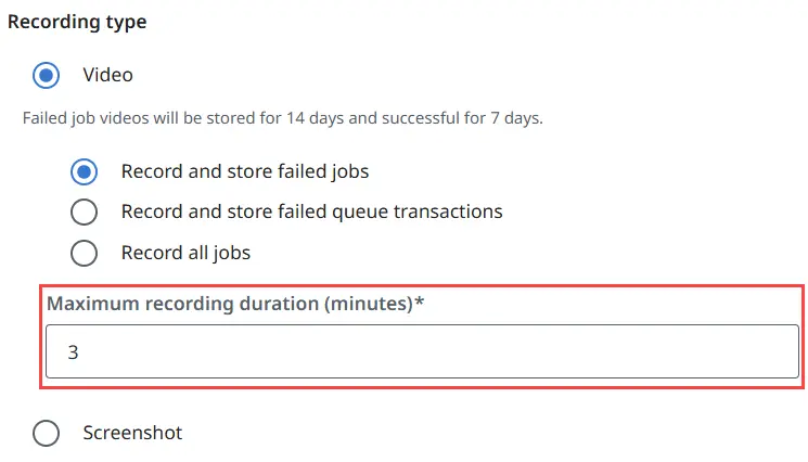 Screenshot of the Job recording section with the Maximum recording duration (minutes) field highlighted
