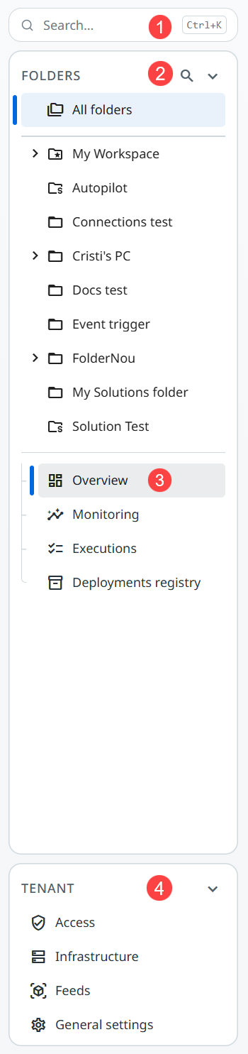 Screenshot of the new Orchestrator sidebar with numbered callouts for the search field, the Folders tree, the navigation groups, and the Tenant section.