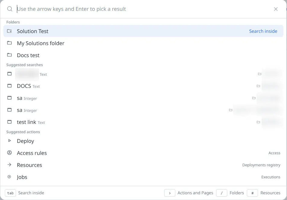 Screenshot of the command palette showing folders, suggested searches, suggested actions, and the search prefixes.