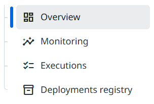 Screenshot of the task-based navigation in the sidebar, with the Overview, Monitoring, Executions, and Deployments registry groups.