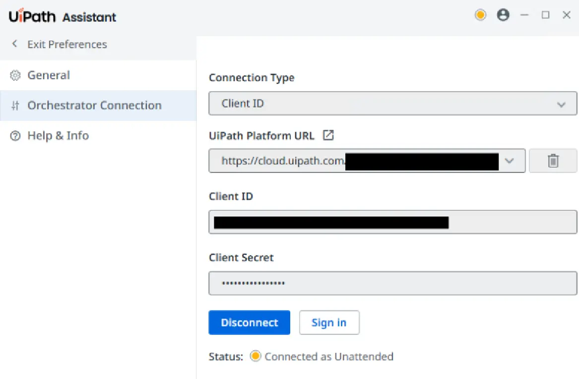 UiPath Assistant displaying the warning dot and 'Connected as Unattended' status message.