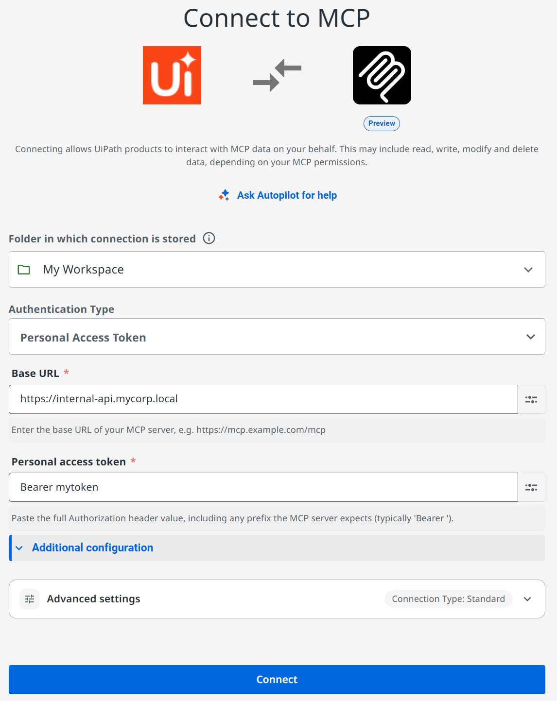 Screenshot of the Connect to MCP dialog with folder selection, Personal Access Token authentication, and Base URL fields filled in