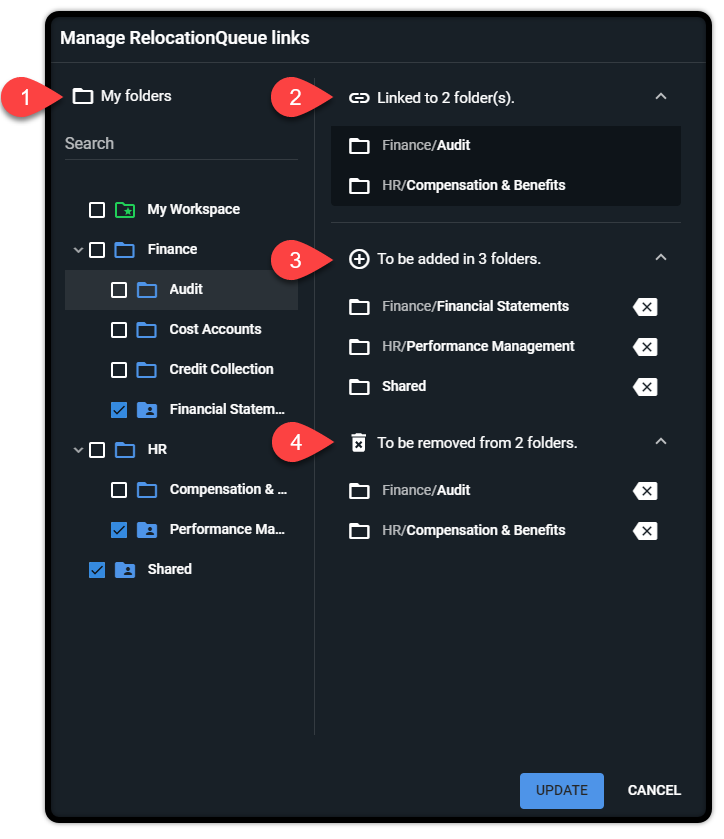1 - Left-hand pane displaying all the folders you have been granted View permissions on Queues. 2 - The current state of the queue displaying the number of folders it currently resides in as well as their names. 3 - The folders the queue is to be added in according to your selection in the left-hand pane. 4 - The folders the queue will be removed from.
