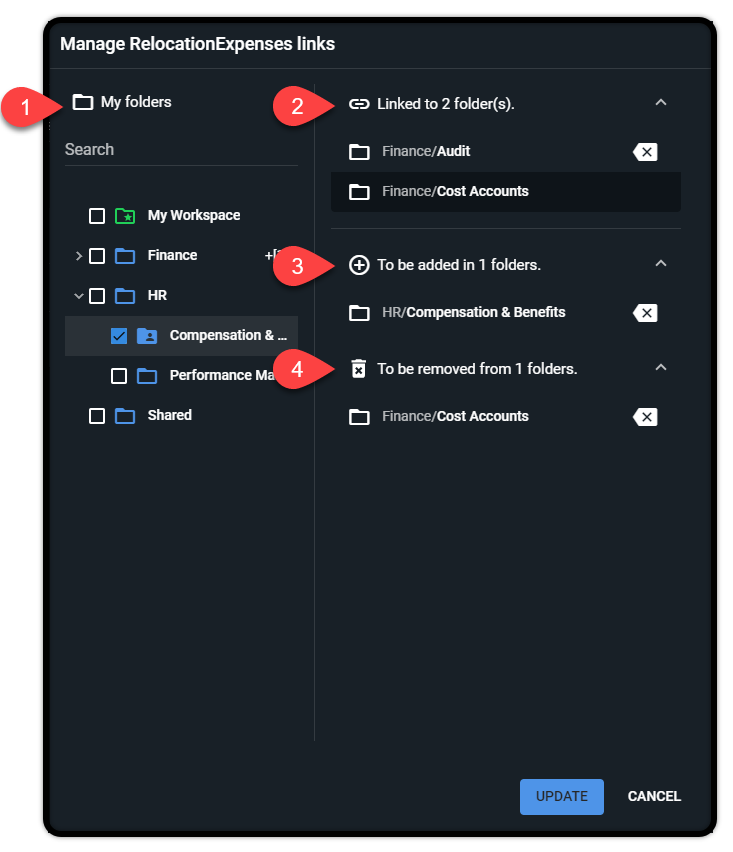 1 – Der linke Bereich zeigt alle Ordner an, für die Sie Berechtigungen zum Anzeigen für Speicher-Buckets erhalten haben. 2 – Der aktuelle Status des Buckets mit der Anzahl der Ordner, in denen er sich derzeit befindet, sowie deren Namen. 3. Die Ordner, in die der Bucket entsprechend Ihrer Auswahl im linken Bereich eingefügt werden soll.4. Die Ordner, aus denen der Bucket entfernt wird.
