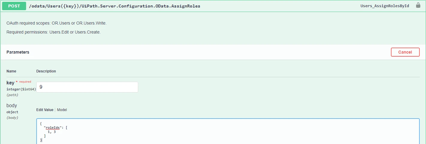 Screenshot of the assigning roles API in Swagger