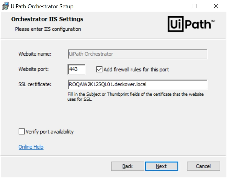 [Orchestrator IIS 設定] ページのスクリーンショット
