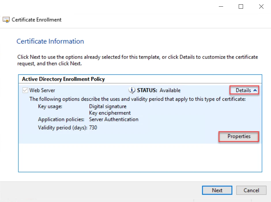 Screenshot of the Certificate information page
