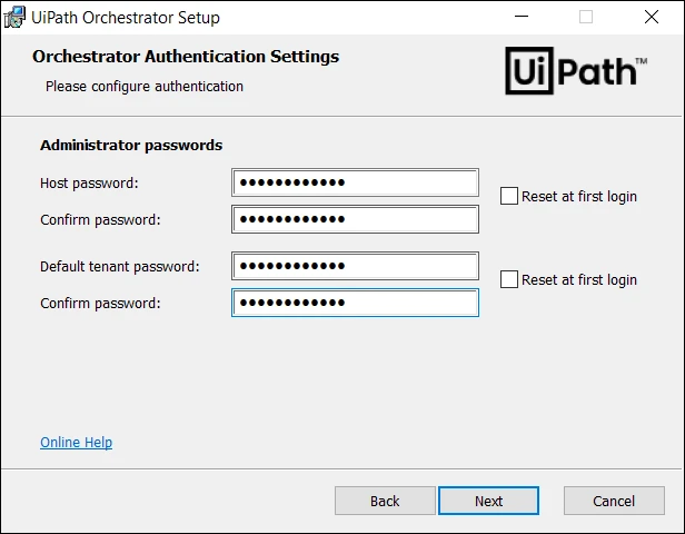 [Orchestrator 認証設定] ページのスクリーンショット