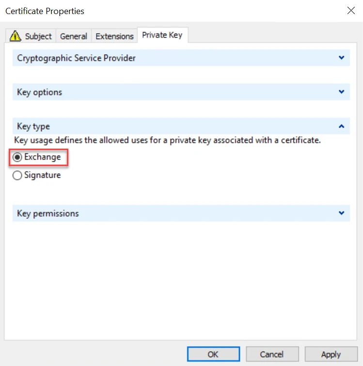 Screenshot of the Key type field