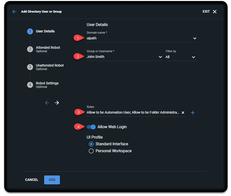 ユーザーの追加とユーザーの詳細の設定のスクリーンショット