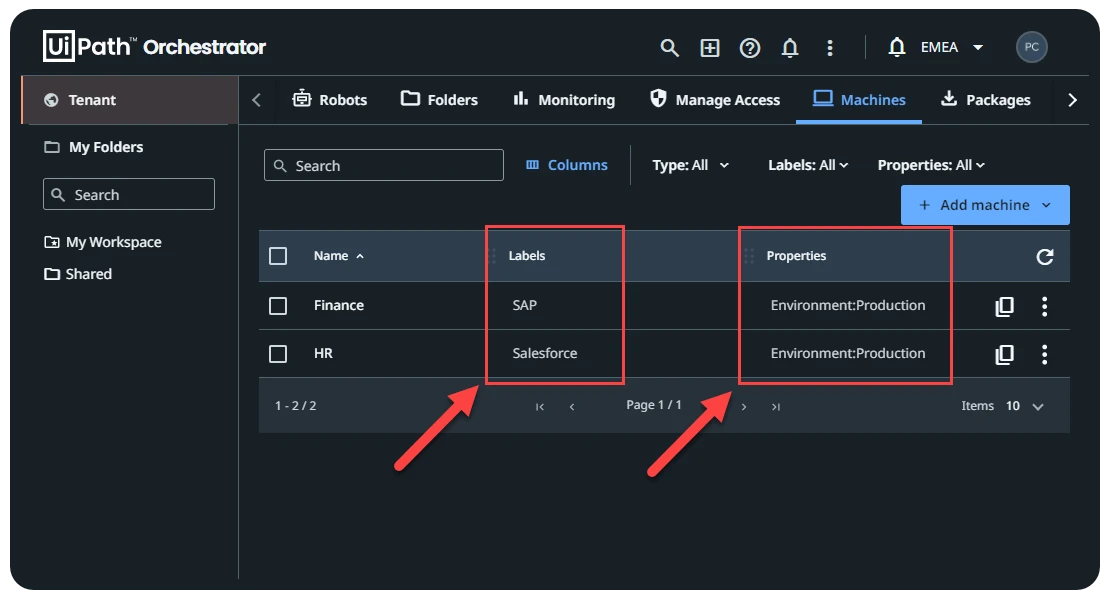 Screenshot der Spalten „Kennzeichnungen“ und „Eigenschaften“