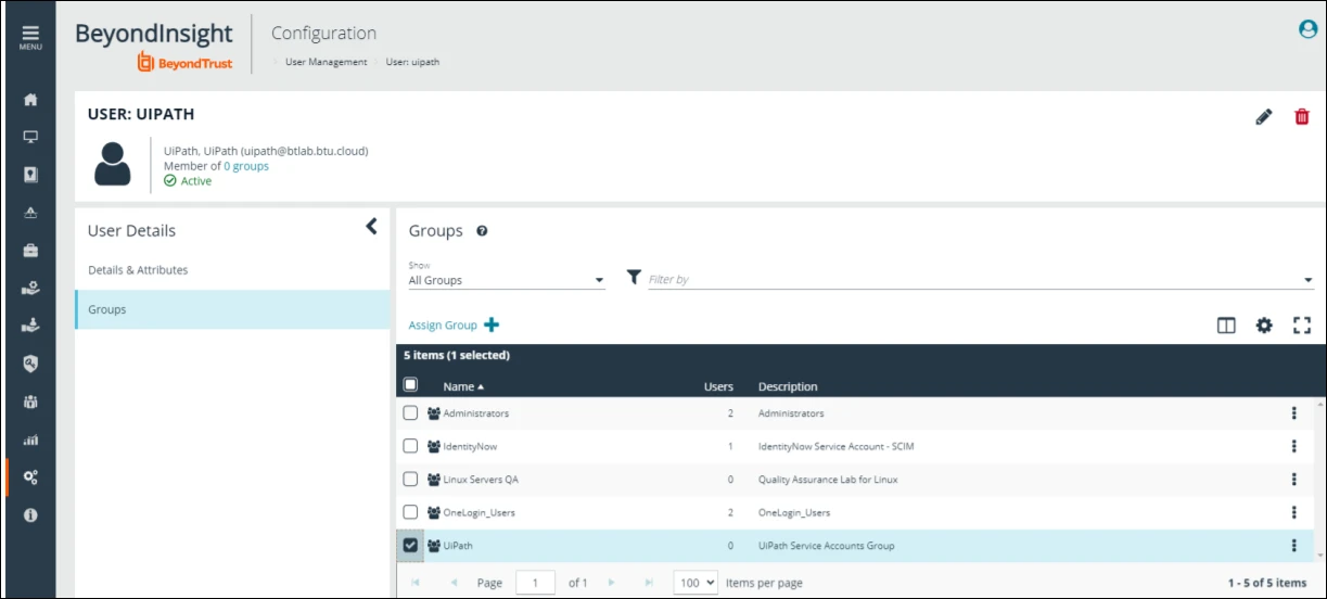 Screenshot der Seite „BeyondTrust-Gruppen“