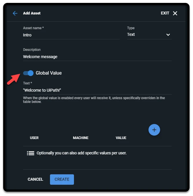 Captura de pantalla de la alternancia Valor global