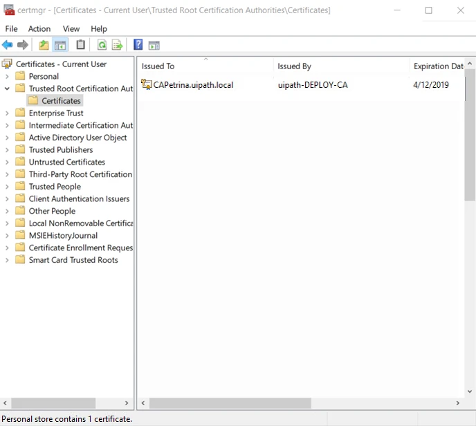 'Trusted Root Certification Authorities folder in Console Root' image