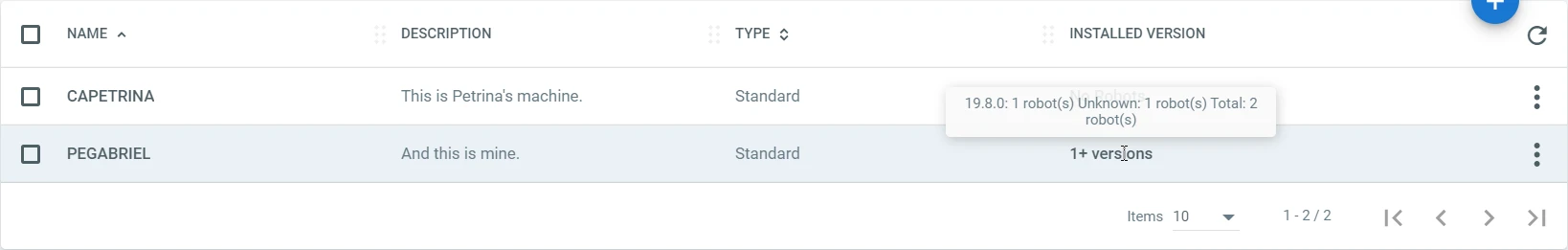 Screenshot of the installed version tooltip