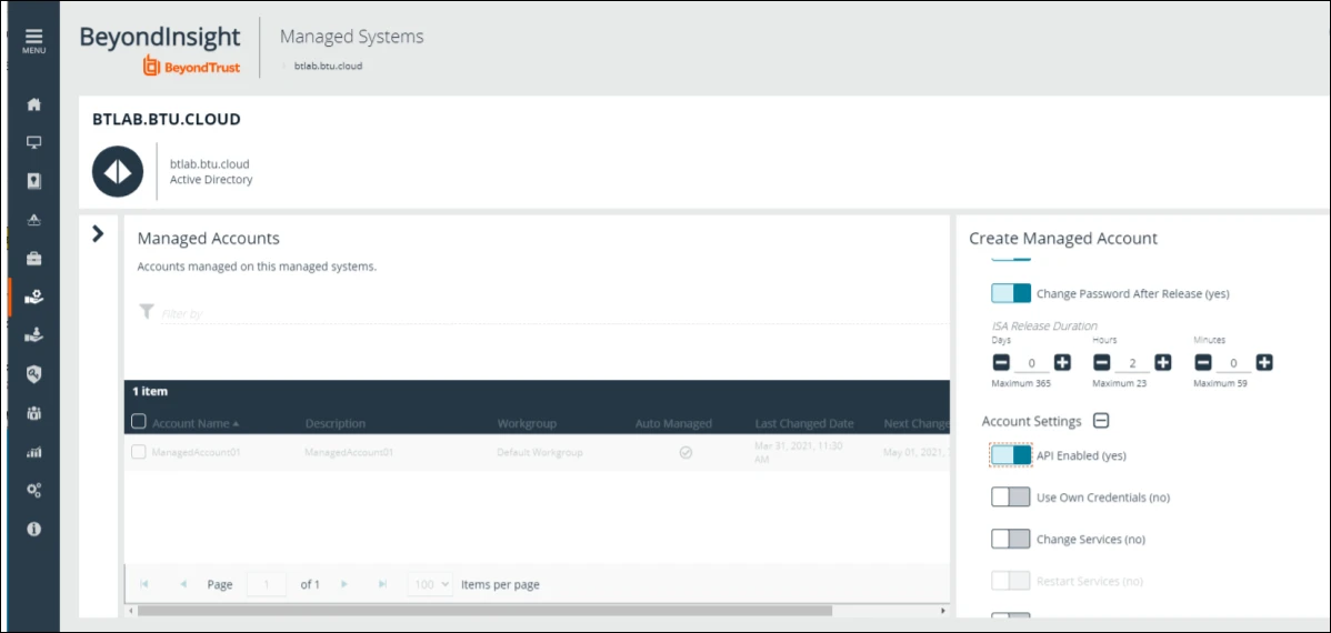 Screenshot der Seite „Von BeyondTrust verwalte Konten“