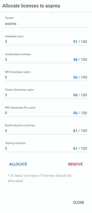 Imagem 'Alocar licenças ao tenant'