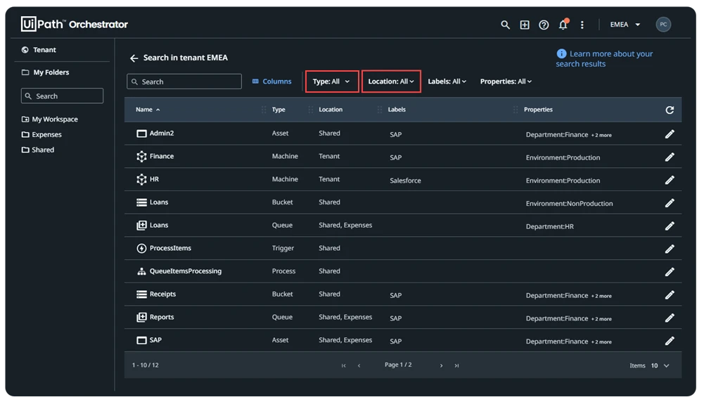 Screenshot der Auswahllisten „Typ“ und „Lokal“