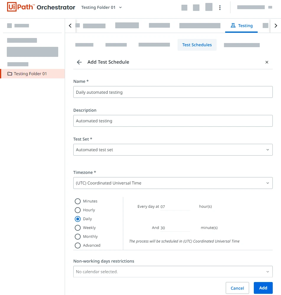 Screenshot der Seite „Testzeitplan hinzufügen“