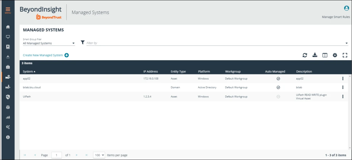 Screenshot der Seite „Von BeyondTrust verwaltete Systeme“