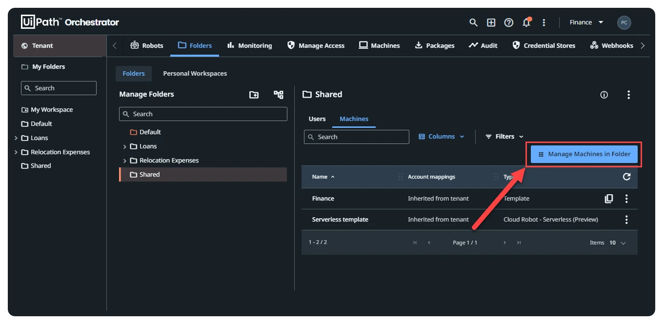 Screenshot of the Manage machines in a folder button