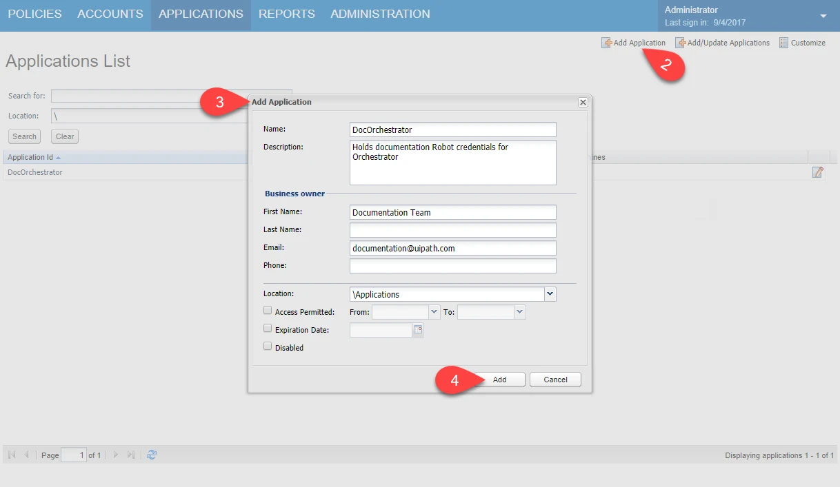 Captura de pantalla de la página Añadir aplicación
