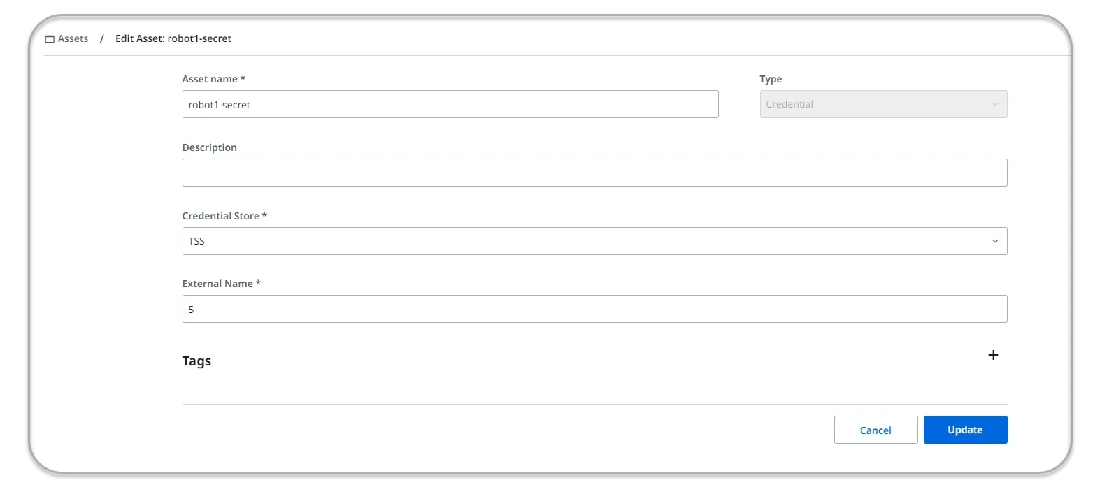 Screenshot der Seite „Asset bearbeiten“