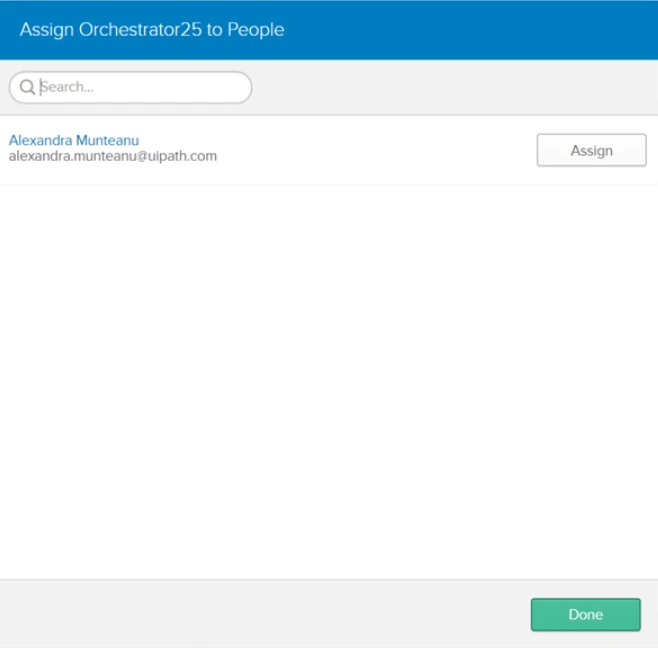 「[Assign Orchestrator25 to People (Orchestrator25 をユーザーに割り当て)] ウィンドウ」の画像