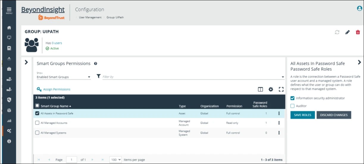 Screenshot der Seite Berechtigungen der BeyondTrust-Gruppe